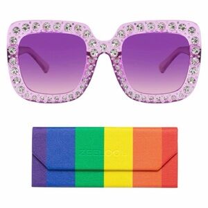 MEETSUN Square Purple Oversized Rhinestone Sunglasses with Rainbow Glass Case